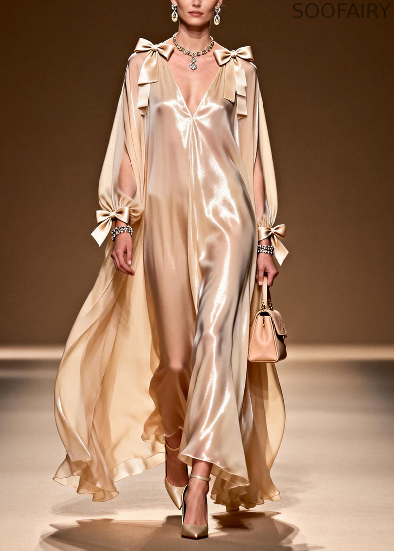 Khaki Bow Oversized Draping Chiffon Party Dresses Summer