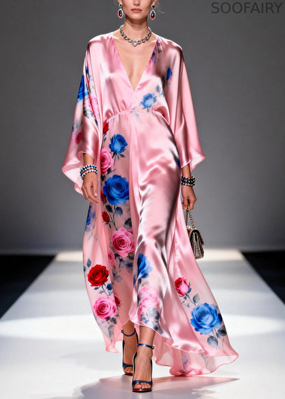 Pink Oversized Print Silk Party Dress Summer