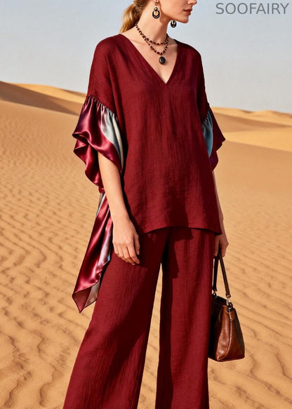 Red V Neck Patchwork Linen Silk Two Pieces Set Summer