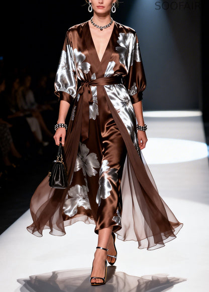 Brown Jacquard Tie Waist Chiffon Vacation Dresses Two Piece Set