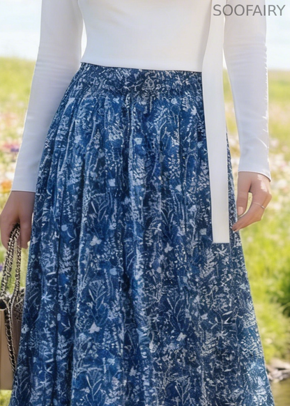 Blue Print Cotton Skirt Elastic Waist Summer