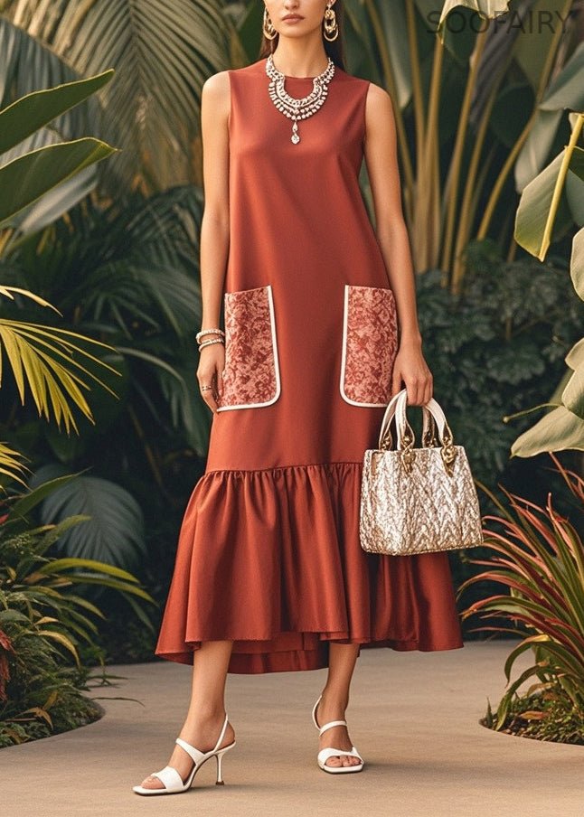 Brown O-neck Patchwork Pockets Silk Maxi Dress Sleeveless