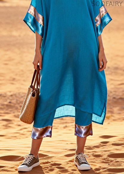 Blue V Neck Patchwork Linen Silk Two Pieces Set Summer