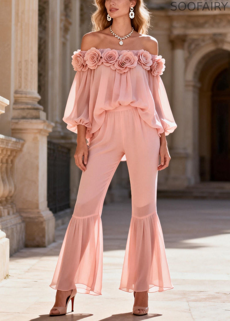 Pink Slash Neck Chiffon Top and Flared Trousers Two Pieces Set Lantern Sleeve