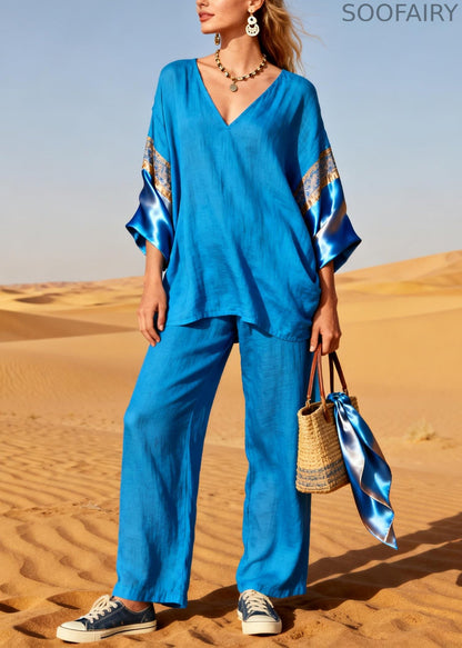 Diy Blue Oversized Patchwork Linen Silk Two Piece Set Outfits Spring