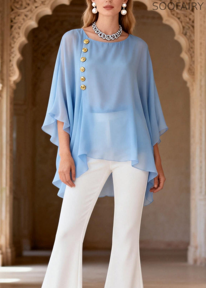 Blue O Neck Top and White Flared Trousers Chiffon Two Pieces Set Summer