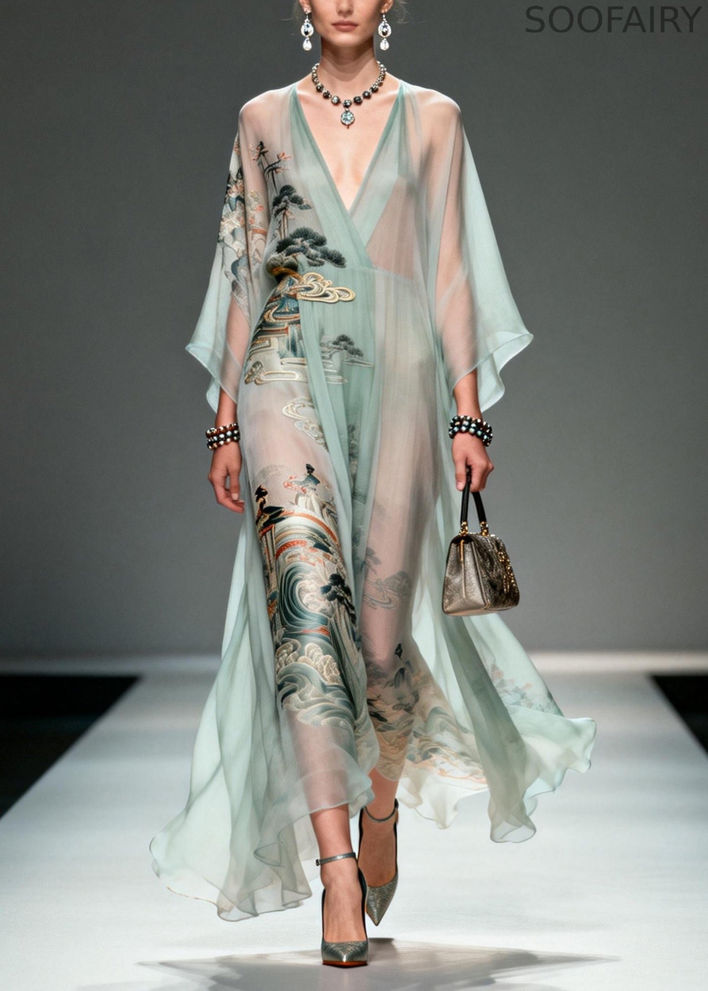 Lake Green Oversized Print Chiffon Robe Dresses Summer