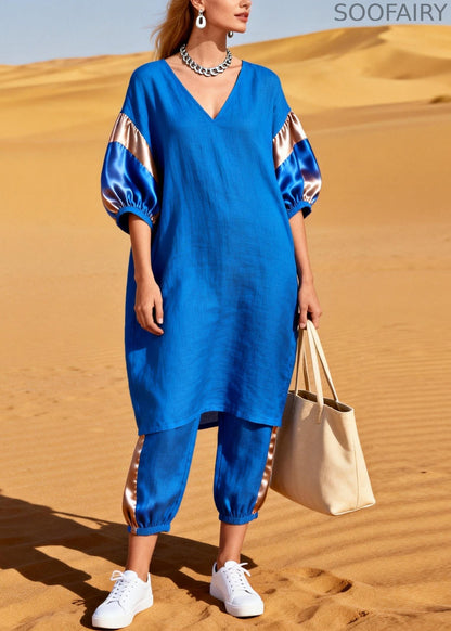 Blue Oversized Patchwork Silk Cotton Two Pieces Set Summer