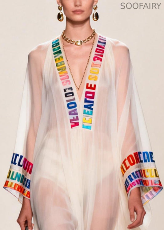Italian White V Neck Letter Print Chiffon Sheer Dress Summer