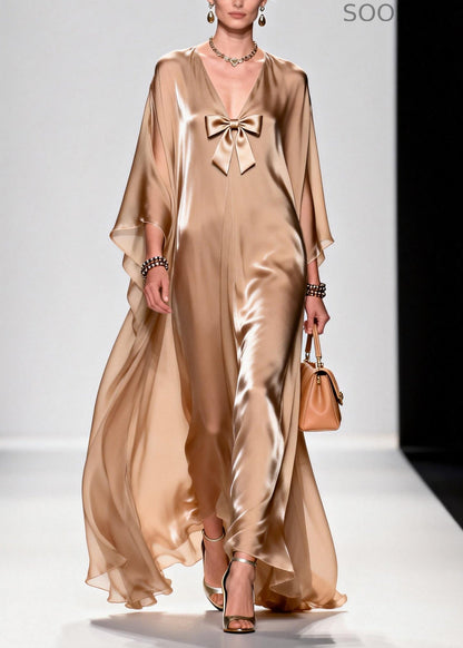 Khaki Bow Exra Large Hem Draping Chiffon Maxi Dresses Summer