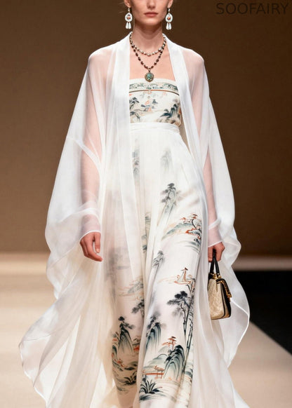 White Cardigans and Dress Print Chiffon Two Pieces Set Spring
