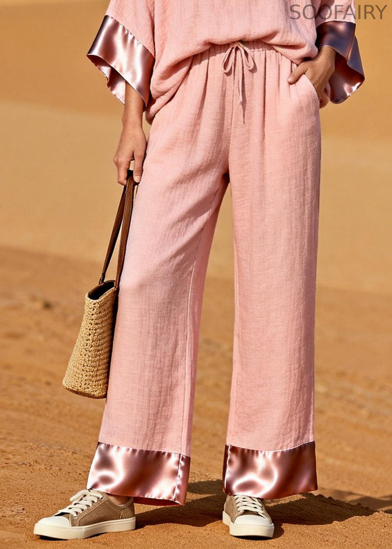 Pink V Neck Patchwork Cotton Two Pieces Set Spring