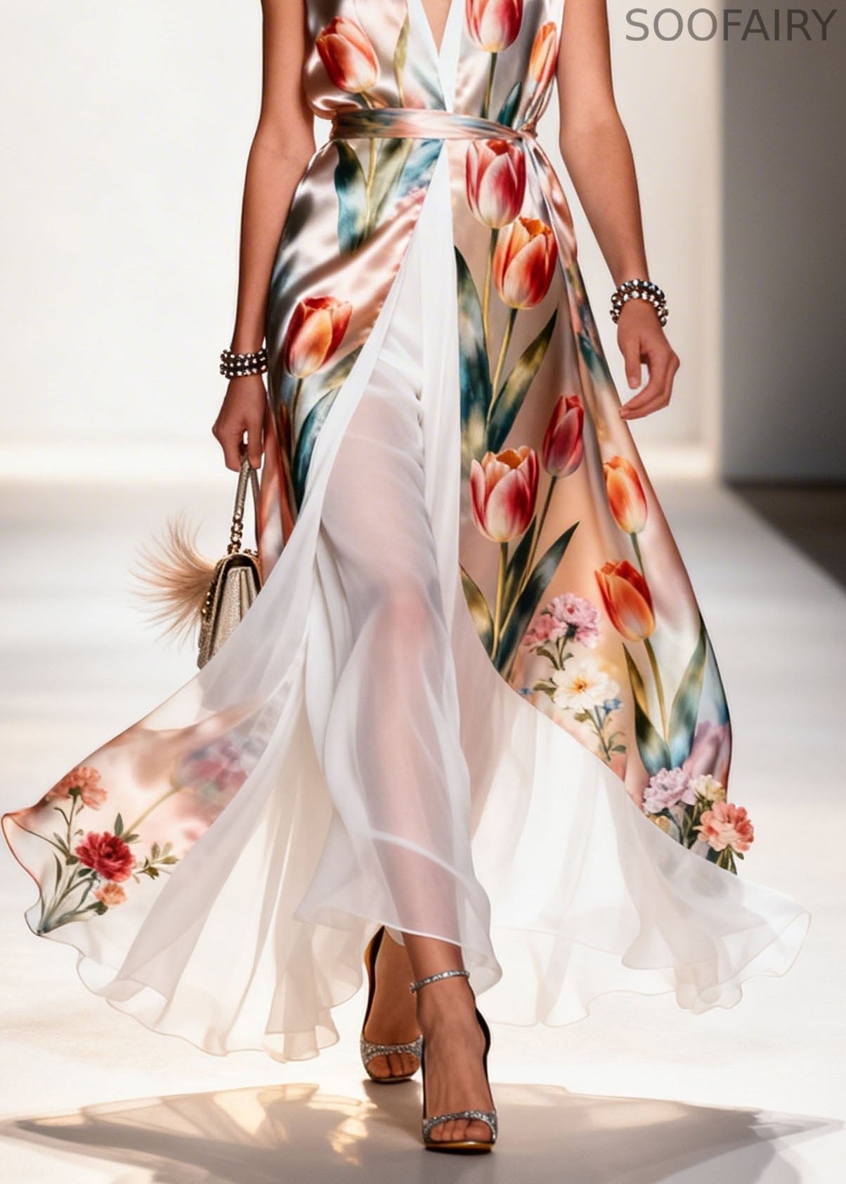 V Neck Print Patchwork False Two Pieces Chiffon Dress Summer