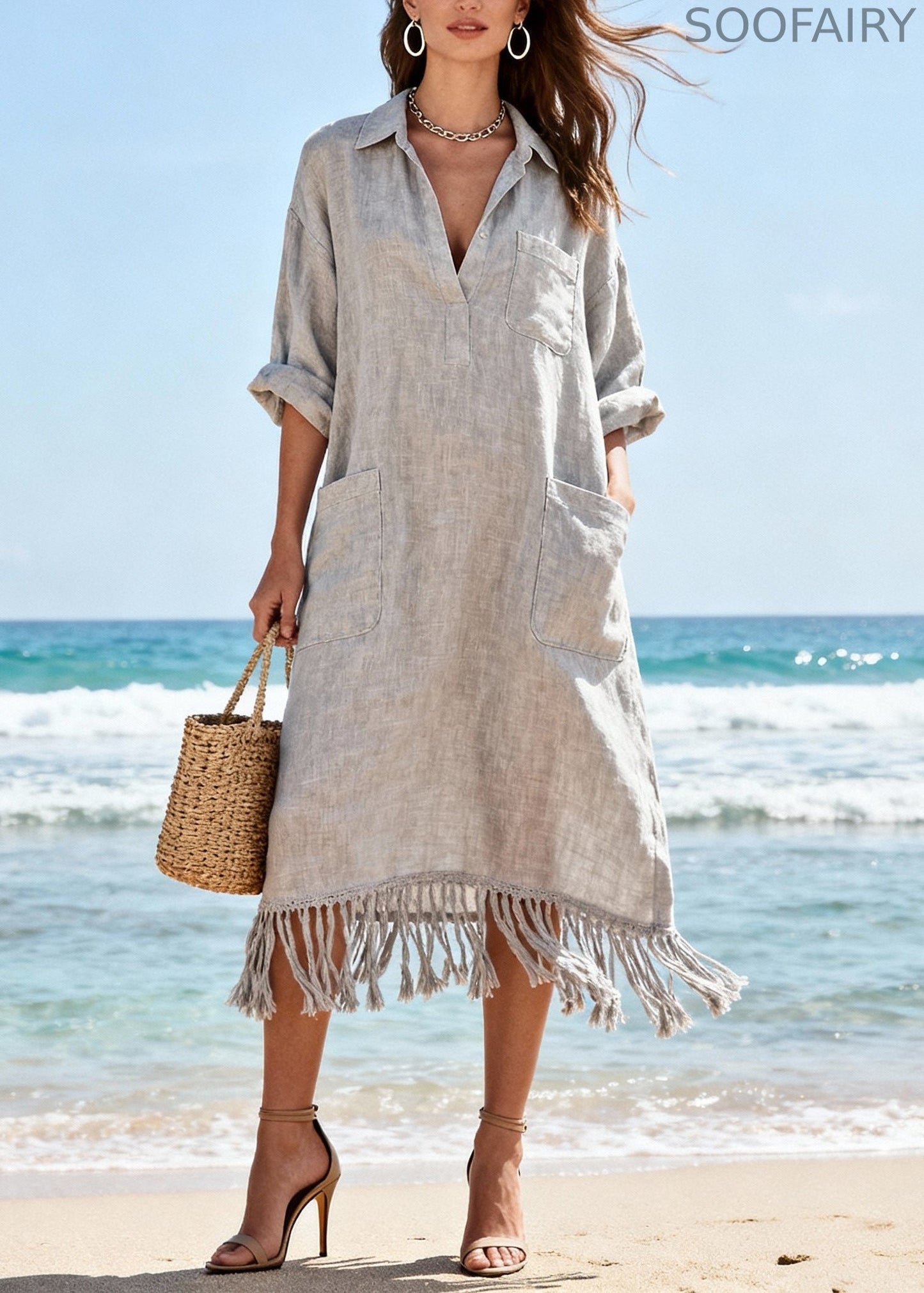 Organic Light Grey Tasseled Pockets Cotton Long Dress Spring