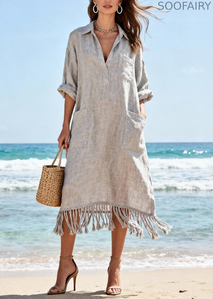 Organic Light Grey Tasseled Pockets Cotton Long Dress Spring