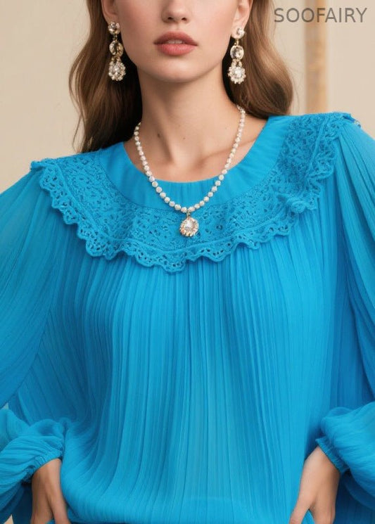 Blue Oversized Patchwork Lace Chiffon Pleated Blouses Spring