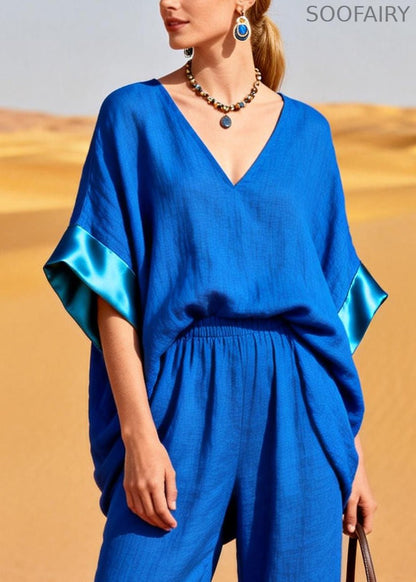 Style Blue Oversized Patchwork Cotton Two Piece Set Summer