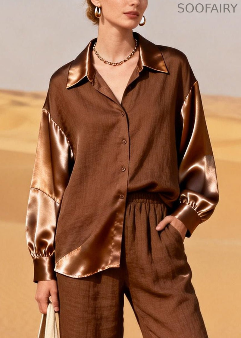 Chocolate Asymmetrical Patchwork Linen Two Piece Suit Set Spring