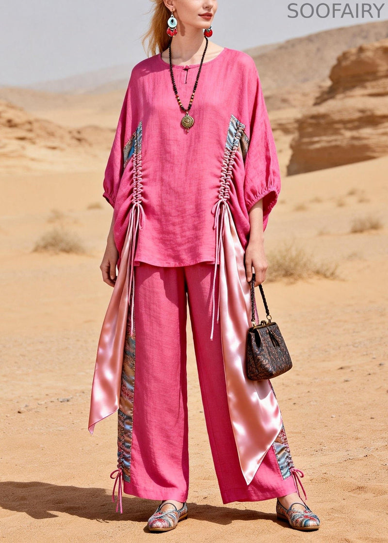 Loose Rose Asymmetrical Design Cinched Patchwork Linen Two Pieces Set Bracelet Sleeve