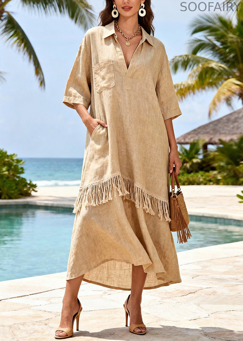 Art Khaki Tasseled Patchwork Linen Long Dresses Half Sleeve