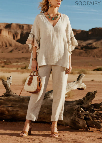 Simple Beige V Neck Patchwork Linen Two Pieces Set Butterfly Sleeve