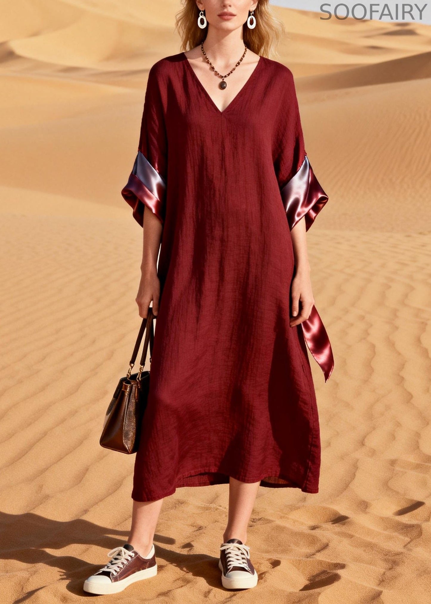 Mulberry V Neck Patchwork Cotton Long Dresses Summer
