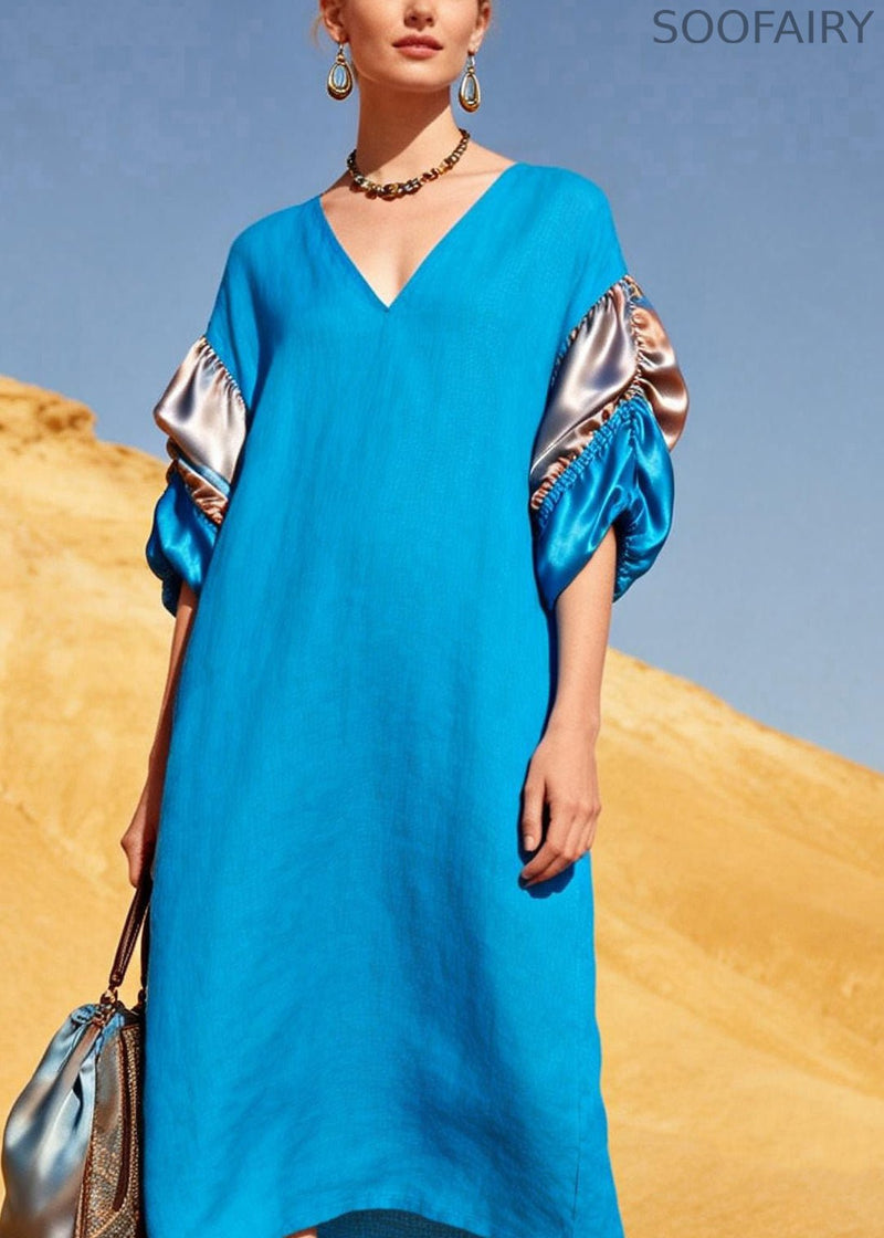 French Blue V Neck Silk Patchwork Linen Vacation Dresses Summer
