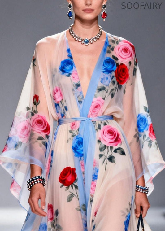 Multicolored Print Chiffon Maxi Dress Tie Waist Summer