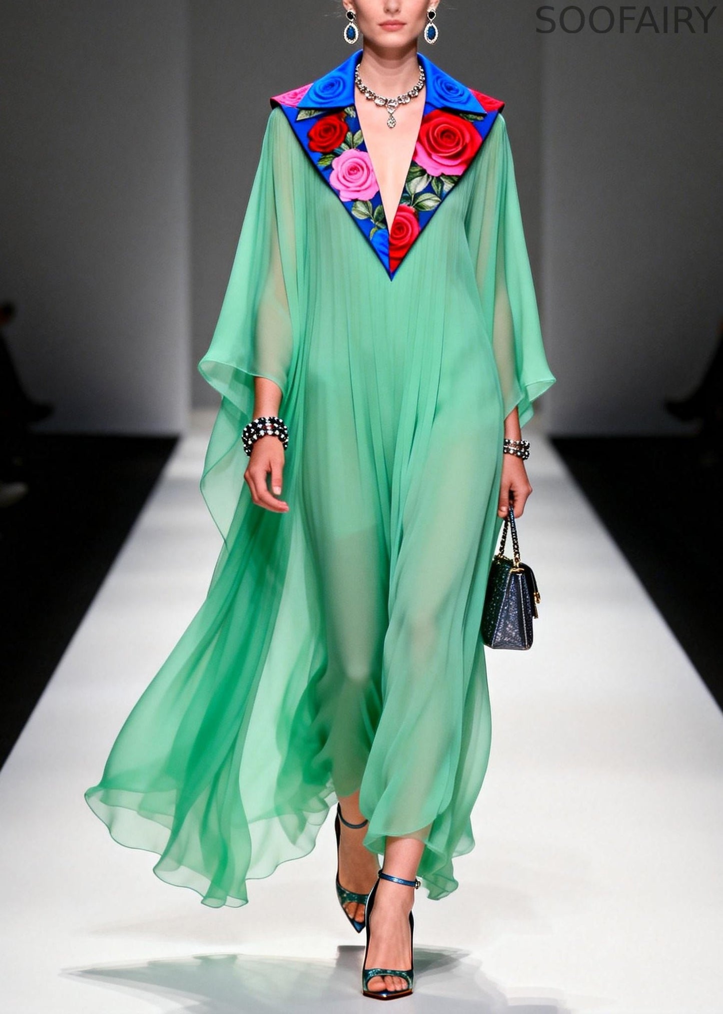 Stylish Grass Green Peter Pan Collar Patchwork Chiffon Dresses Summer