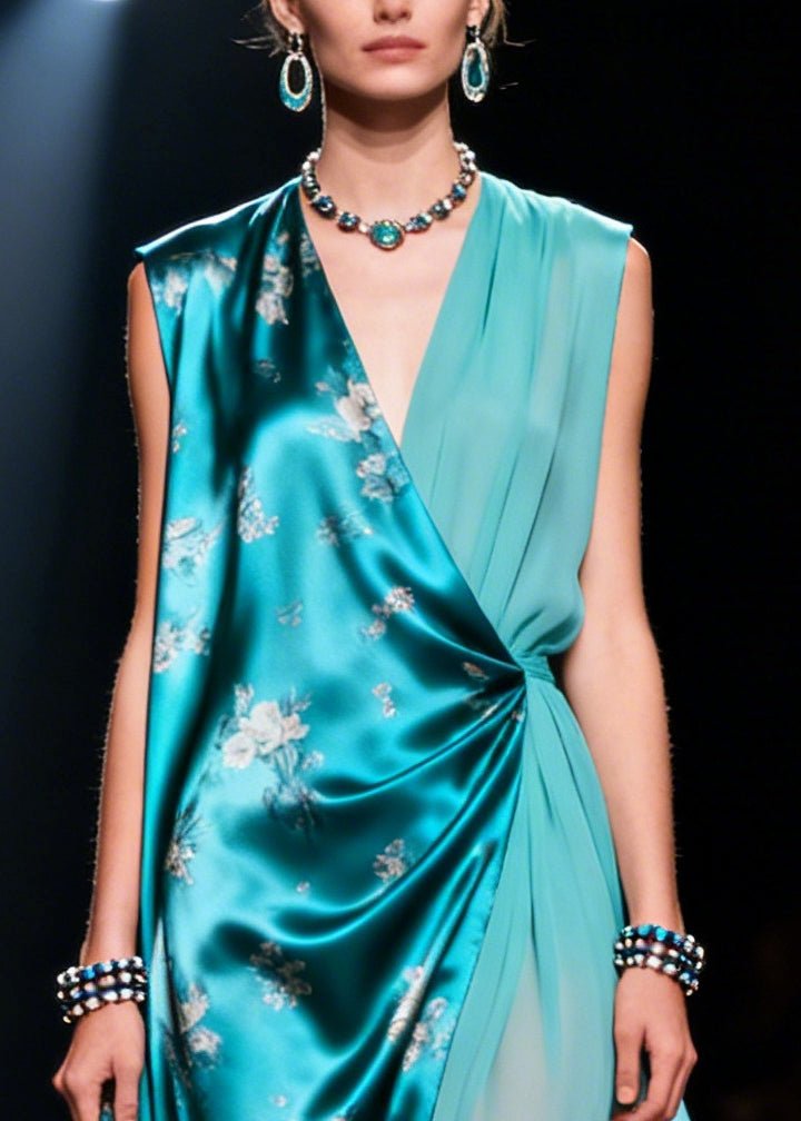 French Blue Asymmetrical Design Chiffon Fake Two Piece Dresses Sleeveless