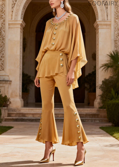 Yellow O Neck Button Patchwork Silk Two Pieces Set Summer