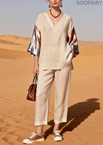 Organic V Neck Patchwork Linen Silk Two Pieces Set Summer