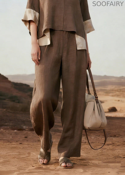 V Neck Patchwork Linen Two Pieces Set Summer