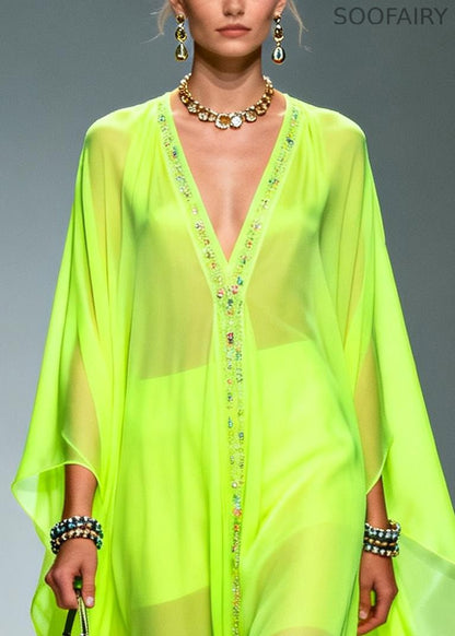 Fluorescent Green Oversized Zircon Chiffon Long Dress Summer