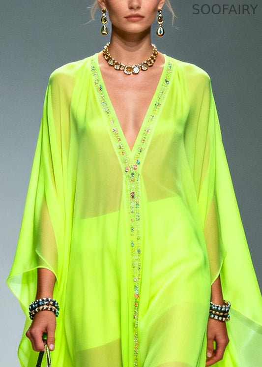 Fluorescent Green Oversized Zircon Chiffon Long Dress Summer