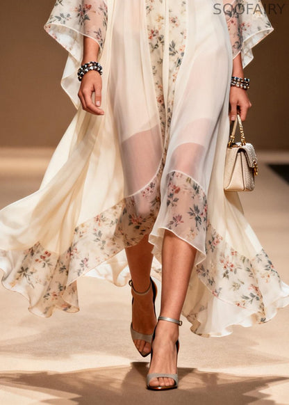 Classy White Oversized Patchwork Print Chiffon Holiday Dress Summer