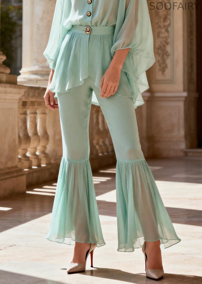 Handmade Green V Neck Chiffon Top and Flared Trousers Two Pieces Set Spring
