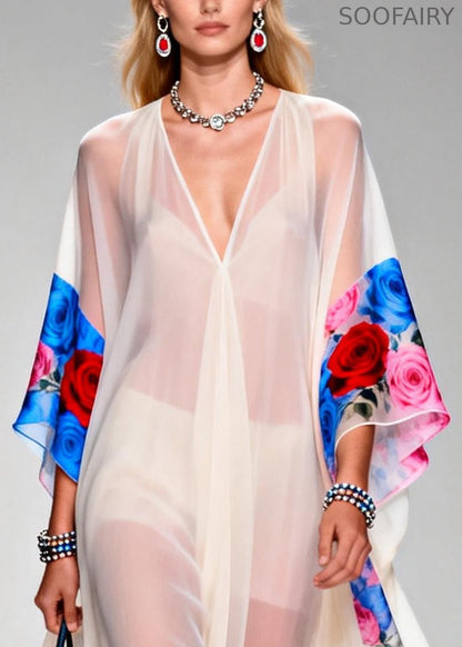 White Oversized Print Sheer Chiffon Maxi Dresses Summer