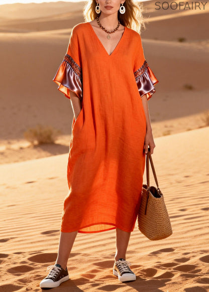 Boutique Orange Oversized Patchwork Cotton Holiday Dresses Summer