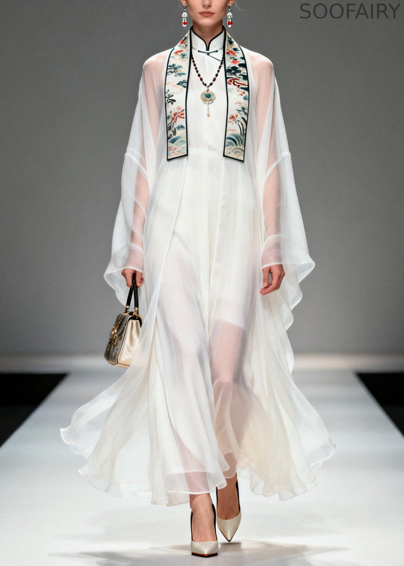 Boutique White Stand Collar Patchwork Chiffon Two Pieces Set Summer