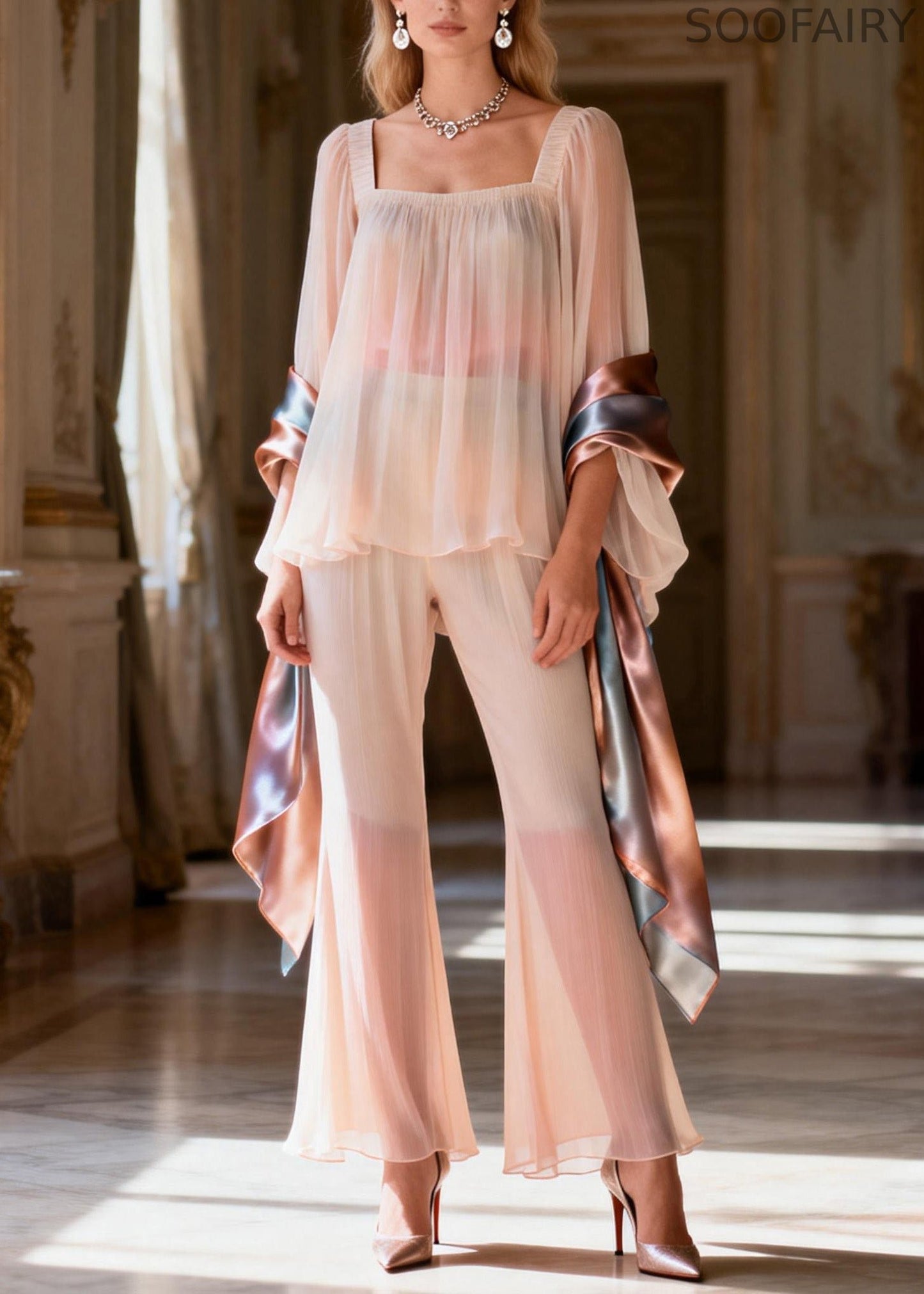 Square Collar Patchwork Silk Two Pieces Set Summer