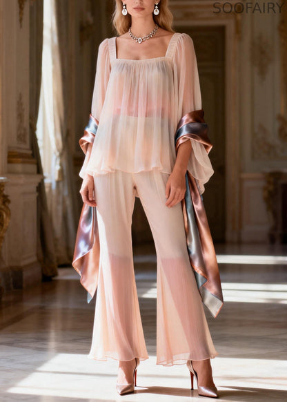 Square Collar Patchwork Silk Two Pieces Set Summer