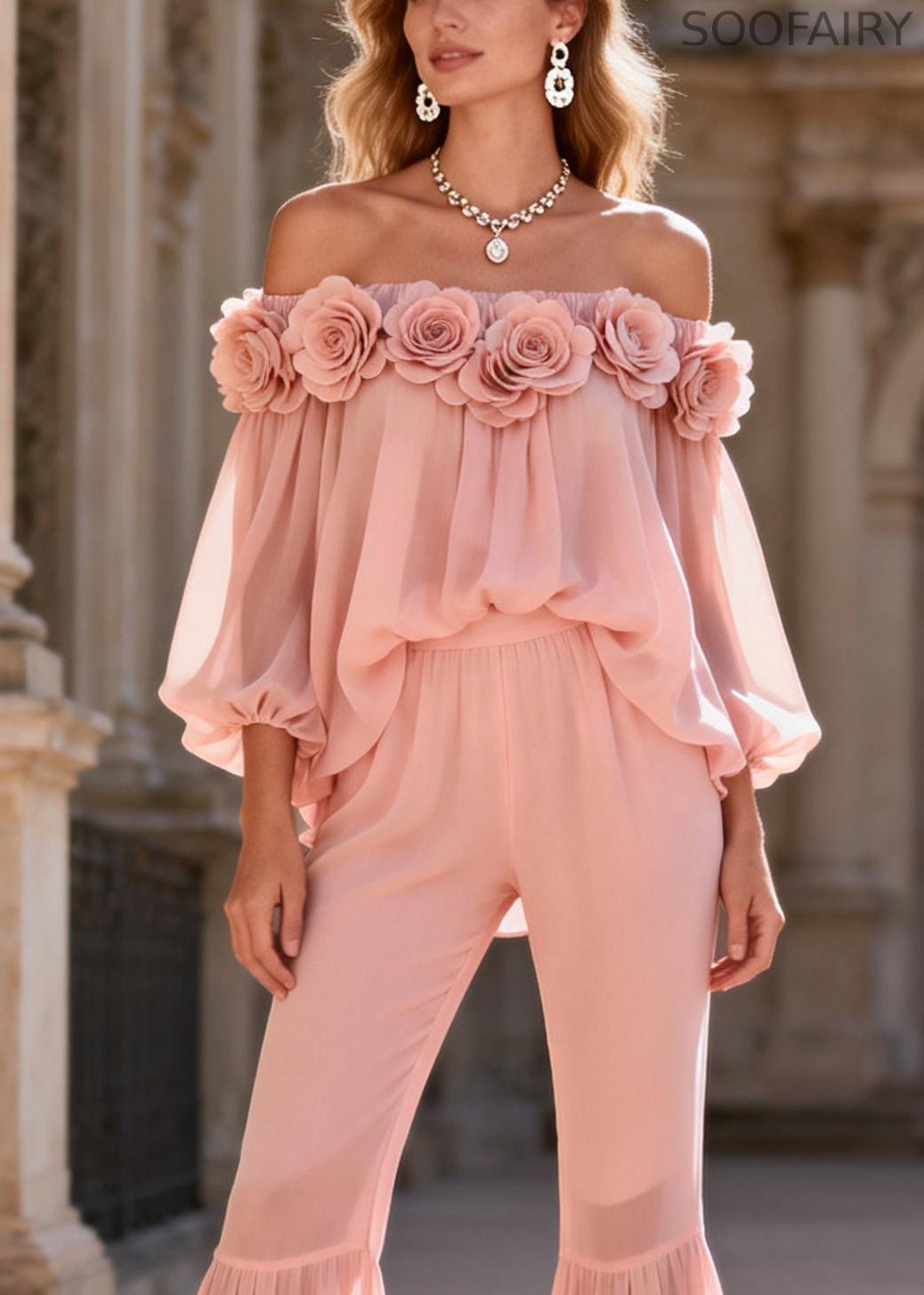 Pink Slash Neck Chiffon Top and Flared Trousers Two Pieces Set Lantern Sleeve