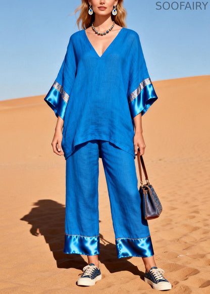 Fitted Blue Oversized Patchwork Silk Cotton Two Piece Set Clothing