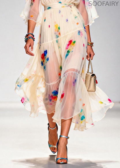 Italian Apricot V Neck Tie Dye Chiffon Party Dresses Summer