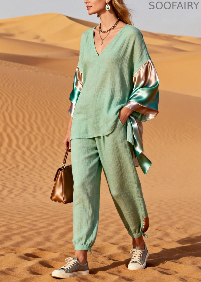 Lake Green Oversized Patchwork Tie Dye Cotton Two Pieces Set Spring