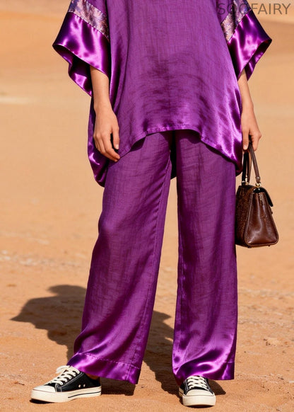 Style Purple Oversized Patchwork Silk Linen Two Pieces Set Summer