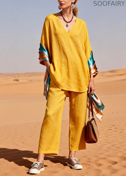 Yellow Oversized Patchwork Shawl Cotton Two Piece Set Clothing Spring