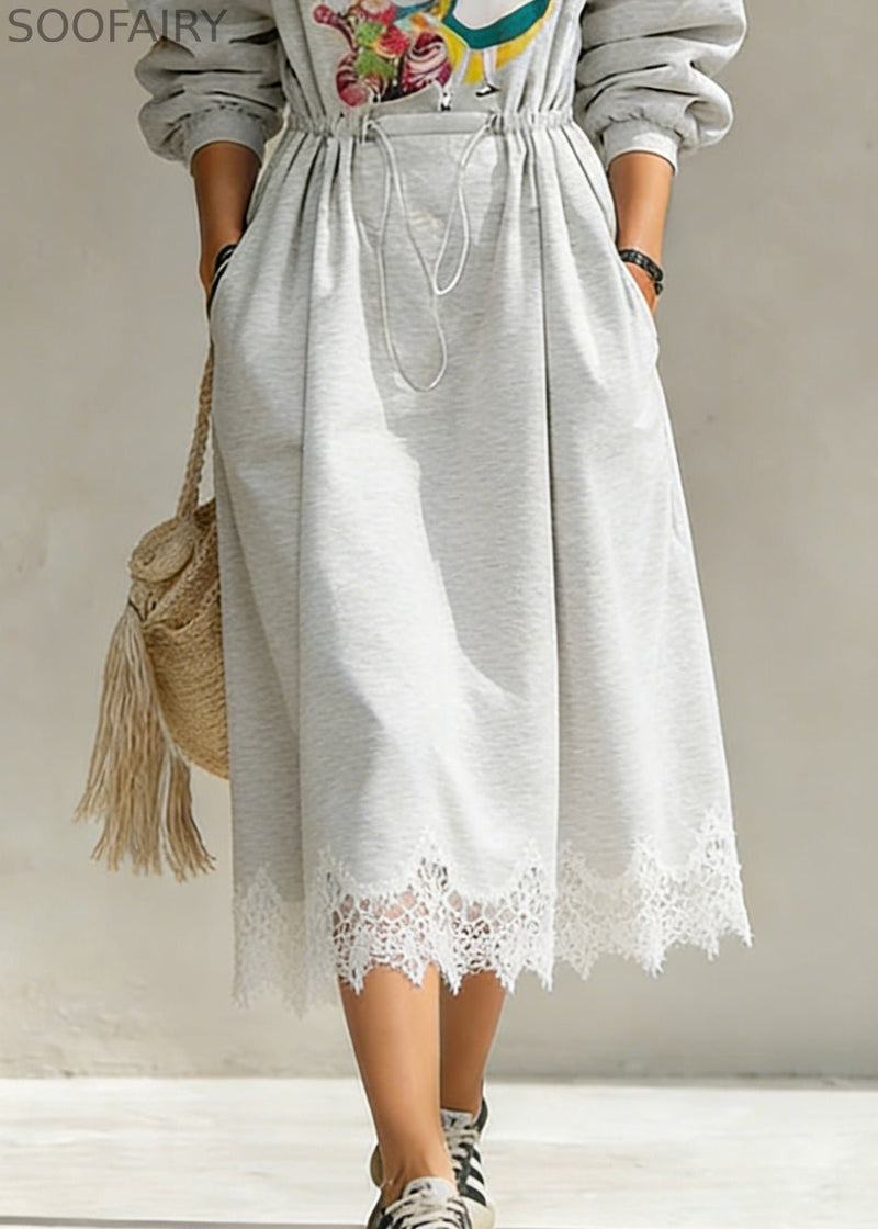 Grey Print Drawstring Lace Patchwork Cotton Sweatshirt Dresses Spring