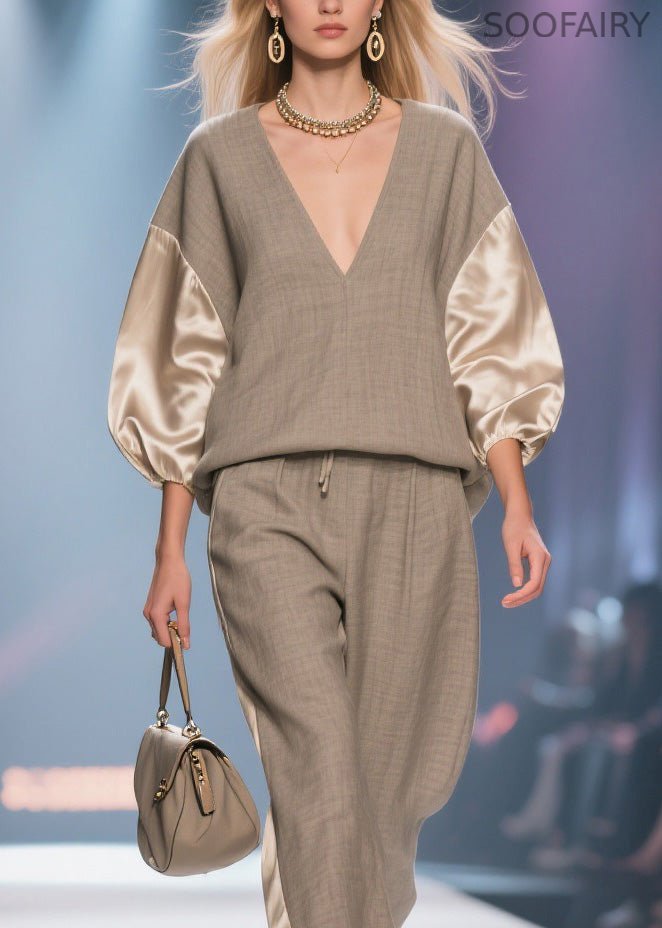 V Neck Patchwork Linen Silk Two Pieces Set Spring